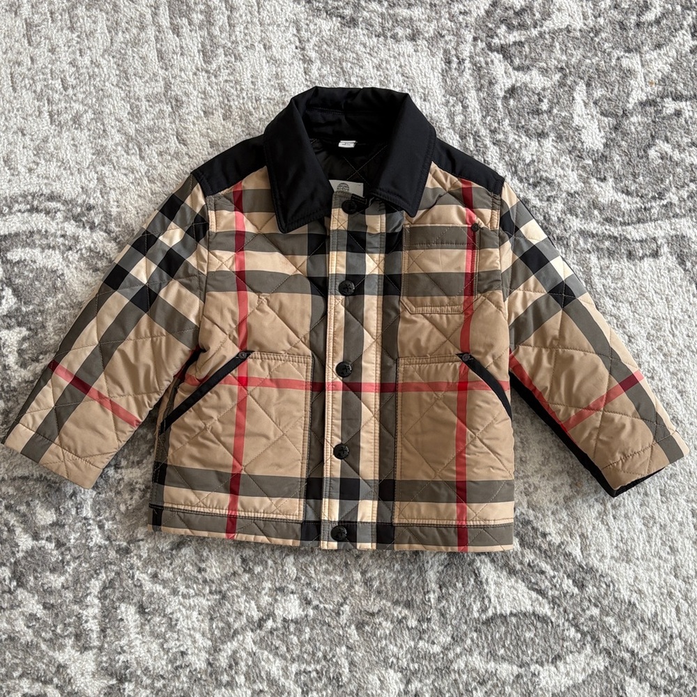 Burberry Kids Plaid Puffer Jacket - Tan, Black, and Red